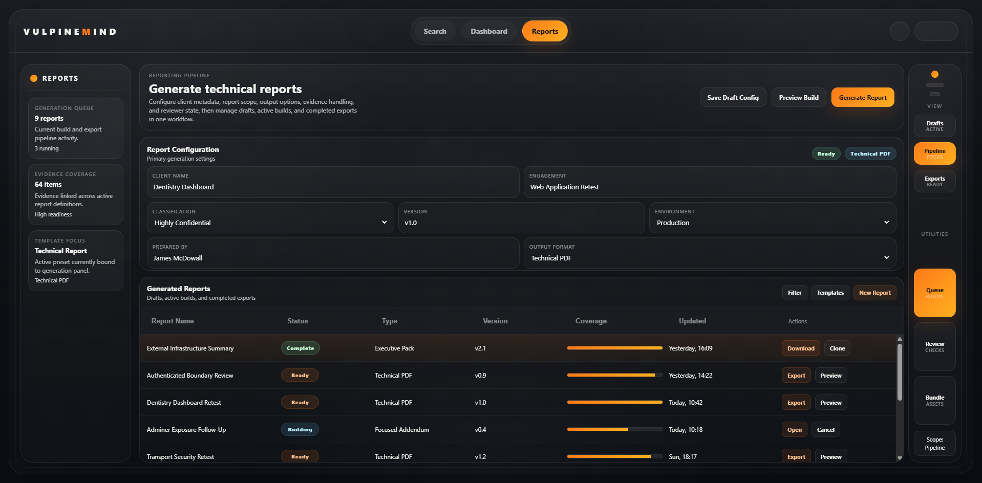VulpineMind reporting view showing evidence summaries and exposure reporting output